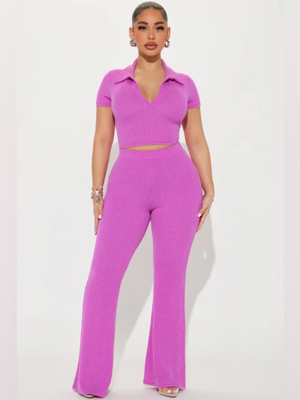Fashion Nova Crop Polo Knit Top & High-Waist Flare Pants Set - Pink